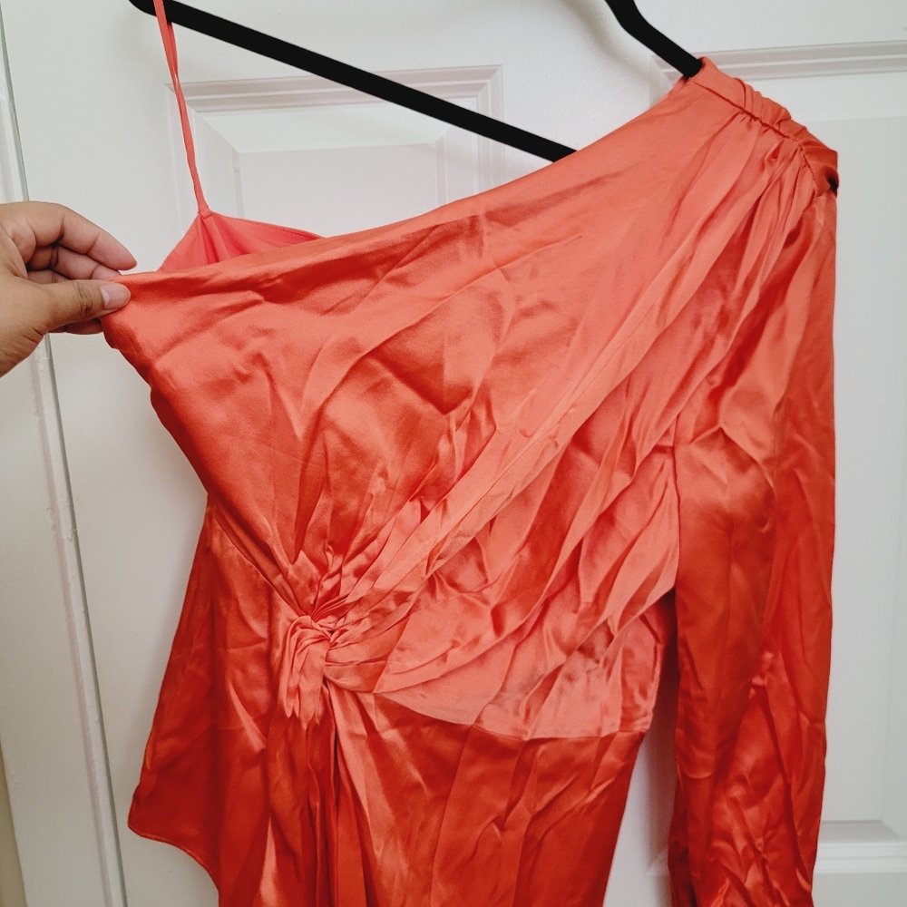 Cinq à Sept Stace one shoulder padded silk blouse in Neon Coral - Picture 3 of 10